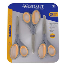 Titanium-bonded 8-inch scissors set in blue blister pack, 3-pack