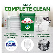 Cascade Complete dishwasher detergent tub next to clean dishware and icons