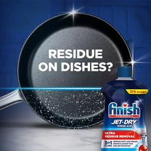 Dishwasher rinse aid for residue removal, water droplets on pan with bottle