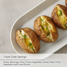 Two baked potatoes in white dish with “7 Auto Cook Settings” label