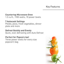 Key features card: 1.3 cu ft countertop microwave, 1100 watts, 7 autocook settings