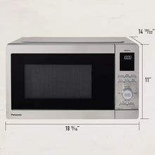 Stainless steel countertop microwave oven with digital display, keypad, and size diagram