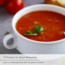 Red soup in white bowl with “15 Presets for Quick Reheating” label