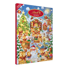 Lindt Teddy holiday advent calendar box, side view; 30 assorted chocolates, 6.3 oz