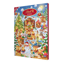 Lindt Teddy holiday advent calendar box front; 30 assorted chocolates, 6.3 oz