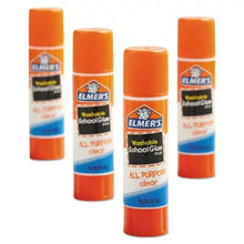 Four orange washable school glue sticks, each with blue label band and cap
