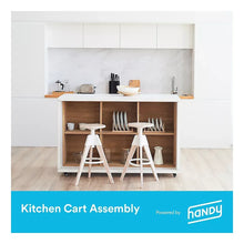 Wood and white kitchen cart with open shelves, countertop, and caster wheels.