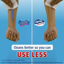 Toilet paper sheet in hands with Cleans Better Use Less