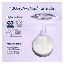 Bio-based toilet bowl cleaner tablet, close-up on purple package graphic