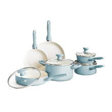 Blue nonstick cookware set with matching lids and handles