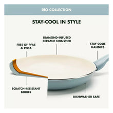 Light blue skillet with long stay-cool handle, close-up on packaging