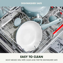Blue nonstick frying pan and cookware pieces in a dishwasher rack
