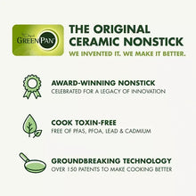 GreenPan Rio nonstick cookware set infographic with certification and toxin-free icons