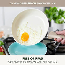 Nonstick frying pan with beige interior, holding a sunny-side-up egg
