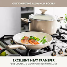 Cream nonstick sauté pan on stovetop with lid, holding chicken and herbs