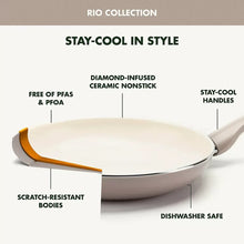 Nonstick frying pan with beige interior, stay-cool handles and stainless lid knob