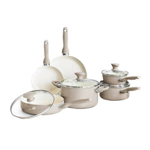 Taupe nonstick cookware set with lids and sauté pans, stainless accents