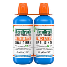 Alcohol-free icy mint oral rinse mouthwash bottles, two-pack with orange caps and blue labels