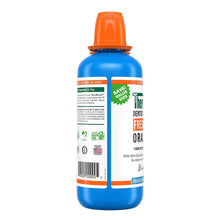 Alcohol-free mouthwash bottles, two-pack, orange caps, blue bottles with back labels