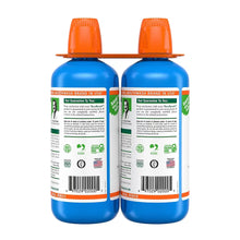 Alcohol-free mouthwash bottles, two-pack, orange caps, blue back labels with ingredients panel