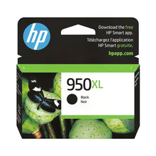 HP 950XL black ink cartridge with label and HP logo