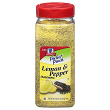 McCormick Perfect Pinch Lemon & Pepper seasoning bottle with red cap and yellow spice blend