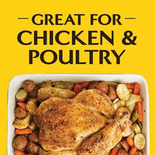 Chicken seasoning package text: "Great for Chicken & Poultry" with cooked tray