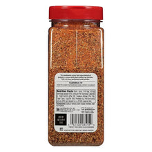 Bayou Cajun seasoning bottle with red cap, back label details visible