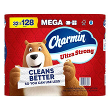 Charmin Ultra Strong mega toilet paper pack with red wrapper and cartoon bear mascot