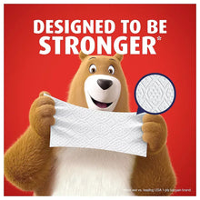 Toilet paper roll pack featuring bear holding a sheet, with textured pattern window