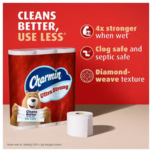 Charmin Ultra Strong toilet paper rolls and mini pack on shelf, red packaging