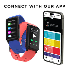 Coral unisex smartwatch showing health stats, paired with mobile app display