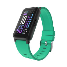 Green silicone-strap smartwatch with black face and fitness screen