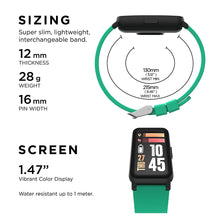 Smartwatch with green strap, black face, and 1.47-inch vibrant color display