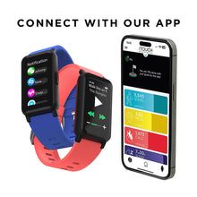 Smartwatch set with blue and red bands; phone screens show fitness app