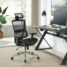 Black mesh office chair with headrest, armrests, footrest, and wheeled base