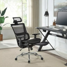 Black ergonomic office chair with headrest, mesh back, armrests, footrest, and casters