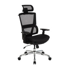 Black ergonomic office chair with headrest, mesh back, padded seat, and footrest
