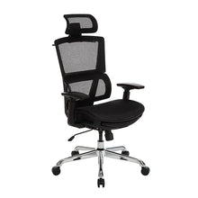 Black ergonomic mesh office chair with headrest, armrests, and footrest platform