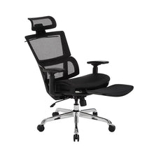 Black ergonomic mesh office chair with headrest, armrests, and extended footrest