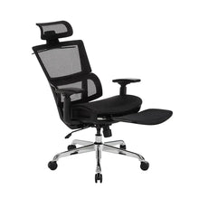 Black office chair with headrest, mesh back, padded seat, footrest, and chrome caster base