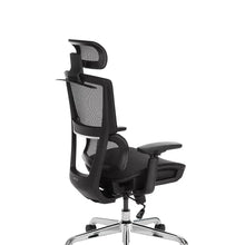 Black mesh office chair showing headrest, armrests, footrest, and wheeled chrome base