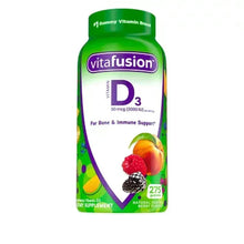 Vitafusion Vitamin D3 gummy bottle with green cap, Peach and Berry flavor label