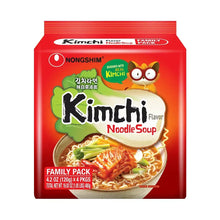 Nongshim Kimchi noodle soup family pack pouch, red bag with bowl and veggies
