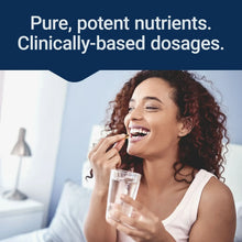 Smiling woman holding a glass while supplement claim text appears on the panel