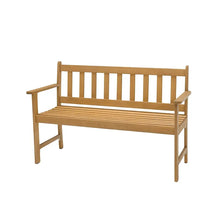 Outdoor wooden patio bench slatted back and seat with armrests and side supports.