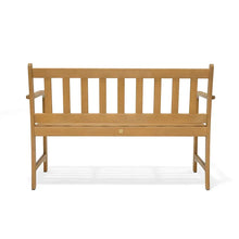 Outdoor wooden patio bench front view with slatted back and bench seat, armrests.