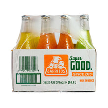 Jarritos glass soda 24-pack carrier with labels and assorted bottle flavors
