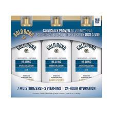Gold Bond healing hydrating lotion 3-pack with aloe, shown in three white bottles