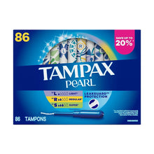Tampax Pearl tampon multipack box, unscented 86-count, Light/Regular/Super absorbency